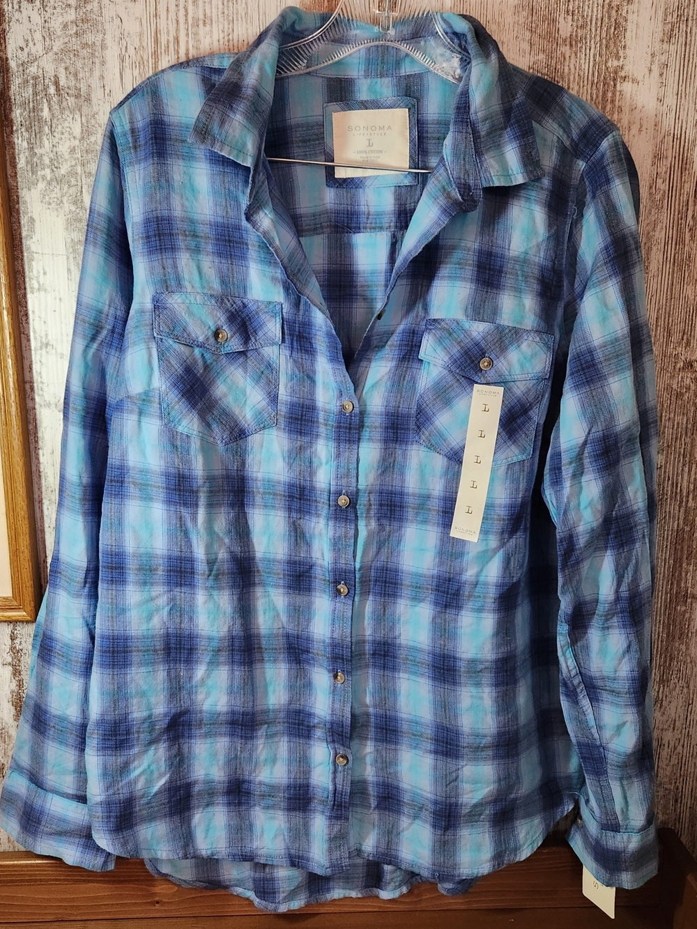 NWT Sonoma Goods For Life Blue Teal Plaid Flannel Button Down Shirt Size L